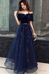 Blue Tulle With Velvet Long Party Dress, A Line Off Shoulder Formal Dress, Prom Dress